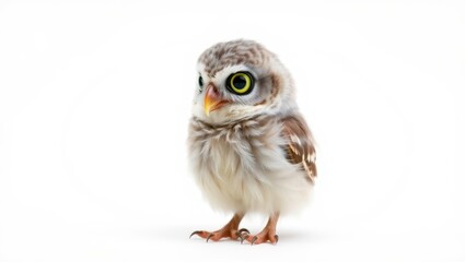 Obraz premium Adorable Baby Owl with Wide Eyes on White Background