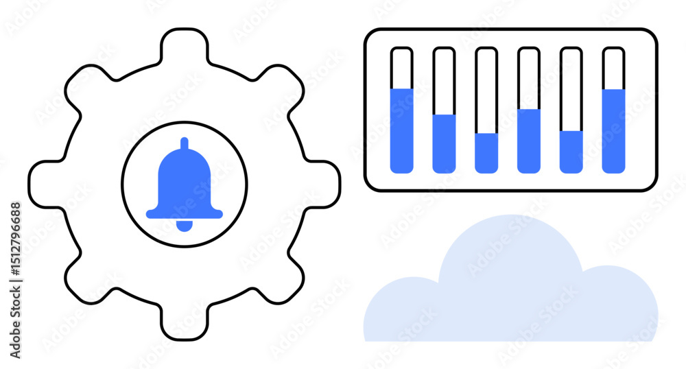 Poster gear with notification bell, bar chart with progress indicators, and cloud shape represent automatio