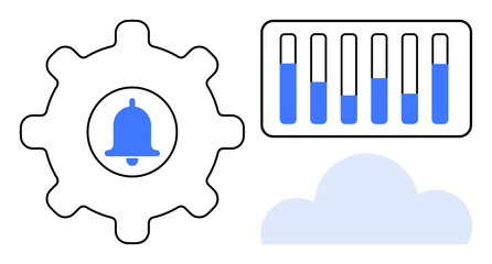 Gear with notification bell, bar chart with progress indicators, and cloud shape represent automation, data analysis, cloud computing, monitoring, notifications, tools, and a simple landing page