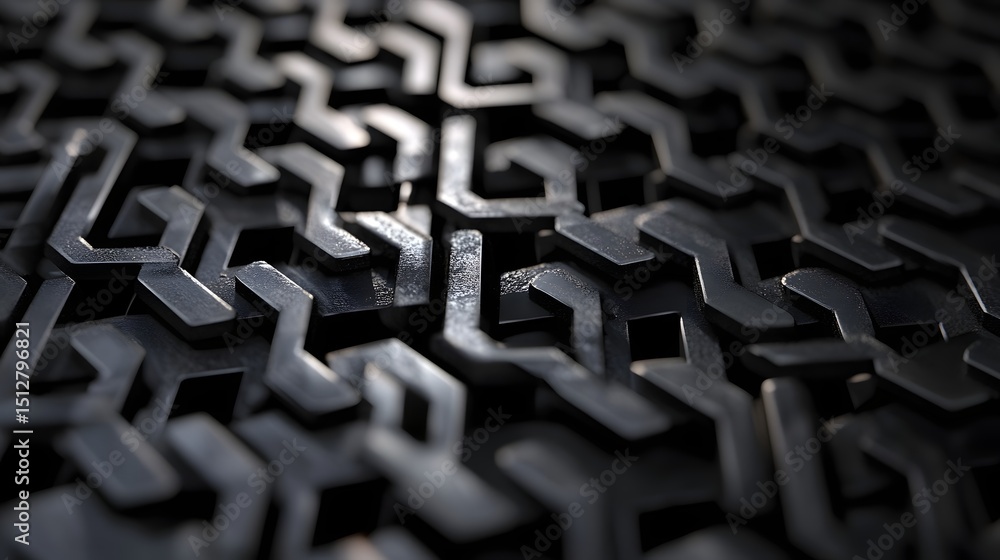 Poster abstract geometric pattern of interlocking shapes.