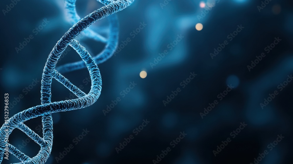 Poster close-up of blue dna helix structure against dark background in 3d visualization