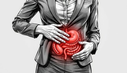Woman Experiencing Digestive System Issues Stomach Pain Illustration