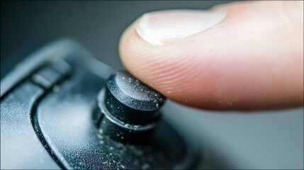 Gaming Controller Button Closeup Fingertip Pressure Detail Tactile Textured Surface Technology Electronics Instant Response Modern Device Electric Trigger Interaction Macro Digital Product Gadget
