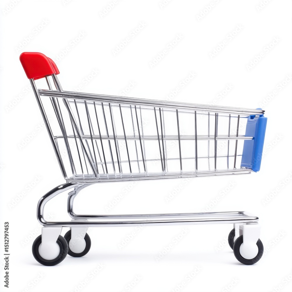 Poster empty shopping cart with red handle and blue attachment on white background