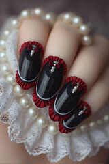 Nailart Manicure Fashion Beauty Elegance Design Style Polish Black Red Accessories Jewelry Chic Luxurious Trendy Artistic Ribbon Lace Pearls Handcare Closeup Textures Vibrant Nailpolish Decorations