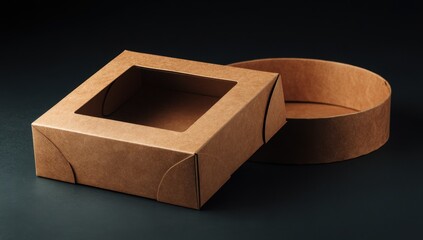 Square kraft cardboard box with a clear window, next to a matching round cardboard container, set against a dark background
