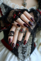 Gothic Manicure Fashion Lace Gloves Ornate Jewelry Rings Artistic Nailart Design Embellishment Beauty Statement Bold Aesthetic Accessories Elegance Luxury Unique Textures