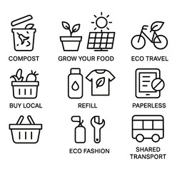 8 Biodiversity Awareness Icons – Black and White Vector Set with Labels