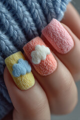 Manicure Nails Art Pastel Colors Creativity Modern Fashion Cute Beauty Grooming Fluffy Accessories Expression Trendy Style Summer Playful Aesthetic Craft Ornamental Artistic Polish Patterns Joyfulness