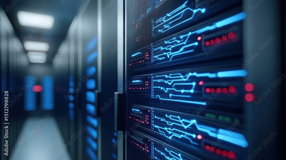 Aufkleber modern data center with bright led lights and rows of server racks in focus