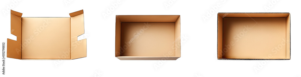 Poster three empty cardboard boxes isolated on a transparent background they are all the same size and shap