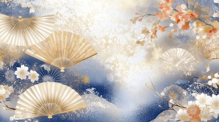 10.A refined Japanese summer gift banner with a blend of symmetrical patterns, including fan motifs and gentle color gradients in blue, gold, and white hues.