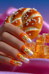 Nail Art Manicure Featuring Sweet Dessert Pretzel Glitter Jelly Candy Fashion Accessories Pastel Gourmet Style Hand Decoration Creativity Indulgence Closeup Shiny Textures Color Feminine Playful