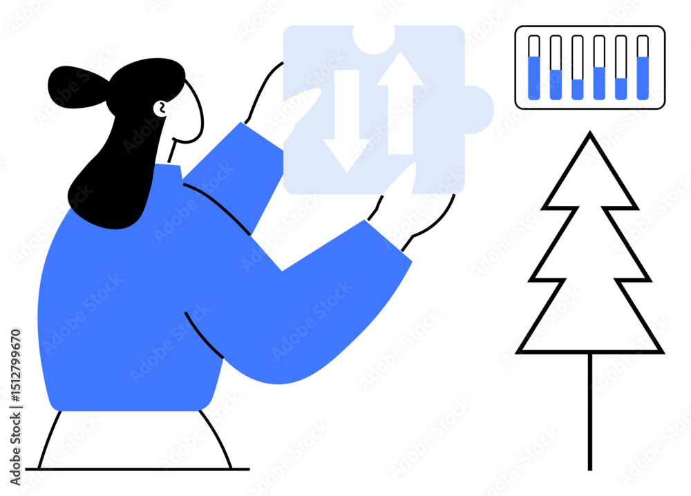 Poster woman holding a puzzle piece with arrows pointing up and down, next to a data visualization chart an