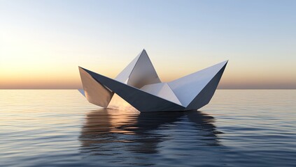 Paper Boat Floating On Calm Ocean Sunset