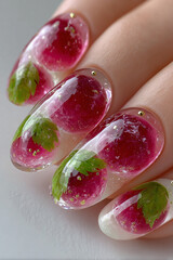 Manicure Nails Art Design Beauty Gel Decoration Flowers Pink Green Aesthetic Glossy Natural Playful Vivid Style Fashion Texture Shiny Elegant Luxurious Trendy Enchanting Fruity Sparkling Glamorous