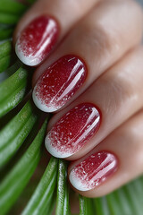 Nails Manicure Beauty Red French Glitter Design Decoration Palm Green Leaf Fashion Polish Gradient Shimmer Art Elegant Wellness Care Cosmetic Aesthetic Closeup Treatment Shine Sparkle
