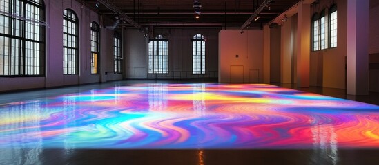 Colorful, abstract floor artwork in a large space