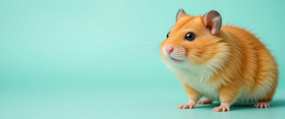 Golden Syrian hamster standing on teal background with realistic fur and curious expression, photorealistic pet rodent in natural pose, AI-generated stock photo