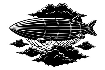 A detailed black and white illustration of a vintage airship or zeppelin flying through dark, stylized clouds, evoking a steampunk or retro-futuristic aesthetic.