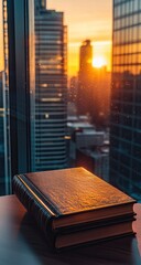 A hardback book sits on a table, bathed in golden sunset light filtering through a city skyscraper window