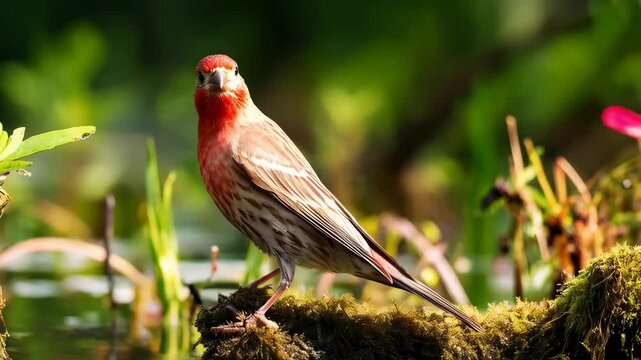 Small red finch perched on mossy log by the water's edge in a lush green environment, capturing the serene beauty of nature and wildlife