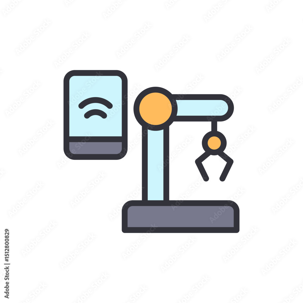 Poster stylized icon of modern robotic arm with wireless control display