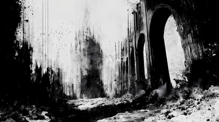 illustration for existential poetry collection | emotive void | eternal decay | bone white and pitch black | foreground decay dominance | cathedral ruins | organic ruin rendering | shadow engulfing |