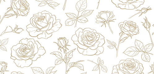 Vector set of gold line japanese, chinese flowers illustrations. Roses vintage elegant art, wedding ornament, asian botanical graphic