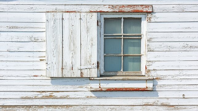 Old weathered wooden window with shutters on a rustic white wall, beautifully capturing the charm of traditional architecture and the passage of time in nature.