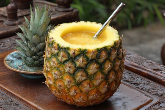 A vibrant pineapple cocktail with a straw, presented in a unique, hollowed pineapple vessel.