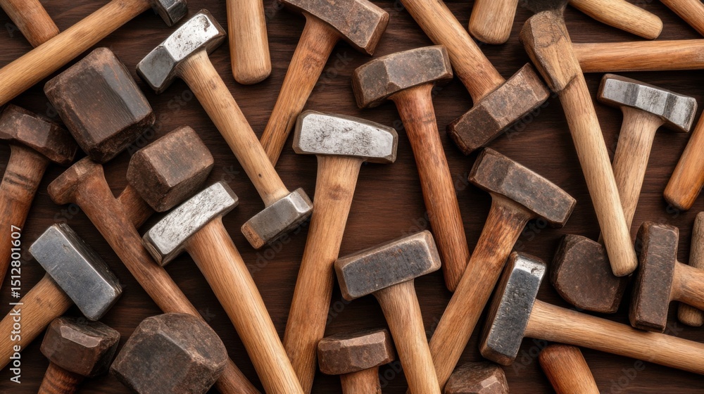 Poster assorted hammers in various styles and sizes on a wooden surface