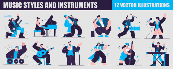 A collection of 12 vibrant flat-design illustrations showcasing various musicians playing different instruments and singing, representing diverse music styles and instruments.