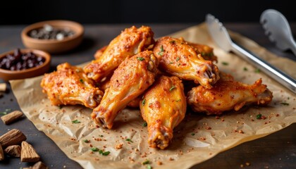 Crispy chicken wings piled on parchment paper with spices and herbs  