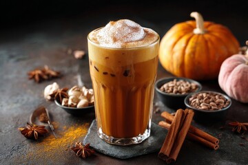 A visually appealing autumn scene with a pumpkin spice latte and seasonal spices, ready to enjoy.