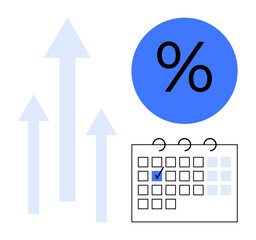 Blue percentage sign, calendar marked with a check, and upward-pointing arrows representing growth, achievements, deadlines, statistics, financial trends, goals. Ideal for finance success