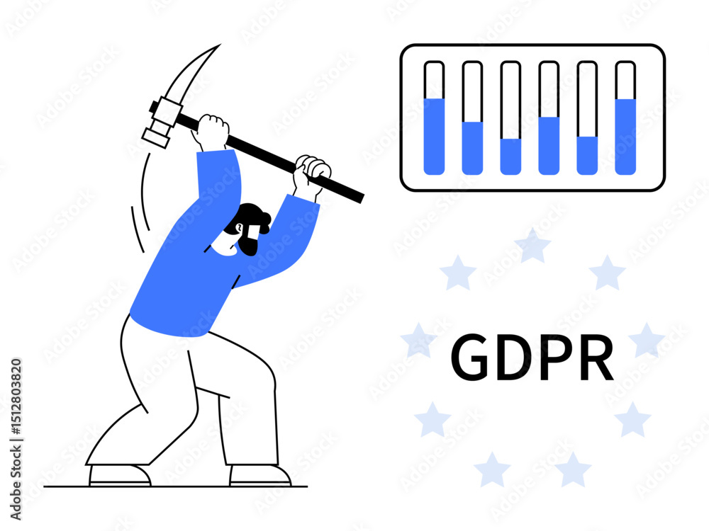 Poster man wielding pickaxe mining data bar graph, with gdpr text and stars. ideal for data security, regul
