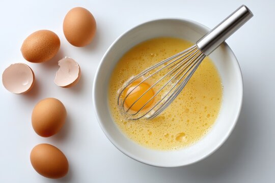 Whisking Eggs Recipe Preparation: Beaten Egg Yolk in Bowl with Whisk, Baking Ingredients, Food Photography on White Background