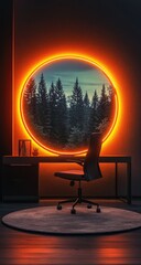 Circular neon-lit window to a forest scene in a dark room