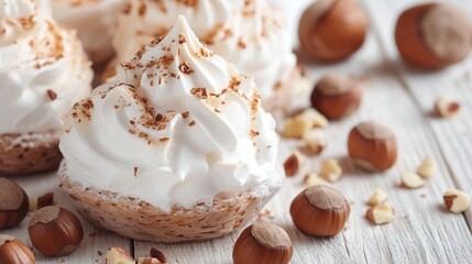 Delight in these beautifully styled meringue desserts topped with crushed hazelnuts, perfect for adding a sweet touch to any celebration or gathering.