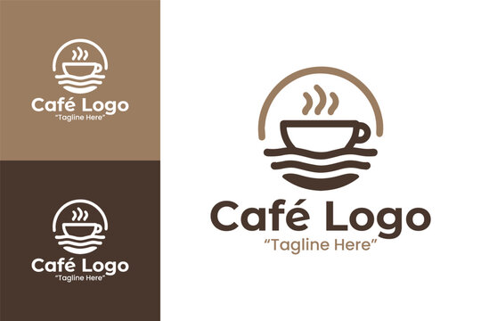 Sleek Café Logo with Coffee Cup and Water Wave Design in Warm Brown and Cream