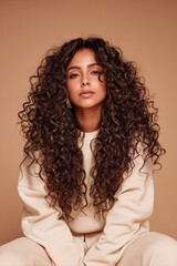 Half-length portrait of Latina woman with voluminous natural curly hair in soft fashion on light tan background

