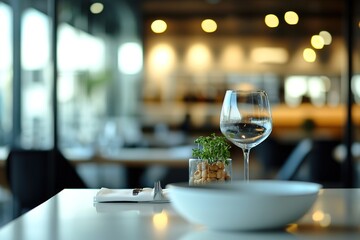 Modern Restaurant Interior Table Setting With Wineglass