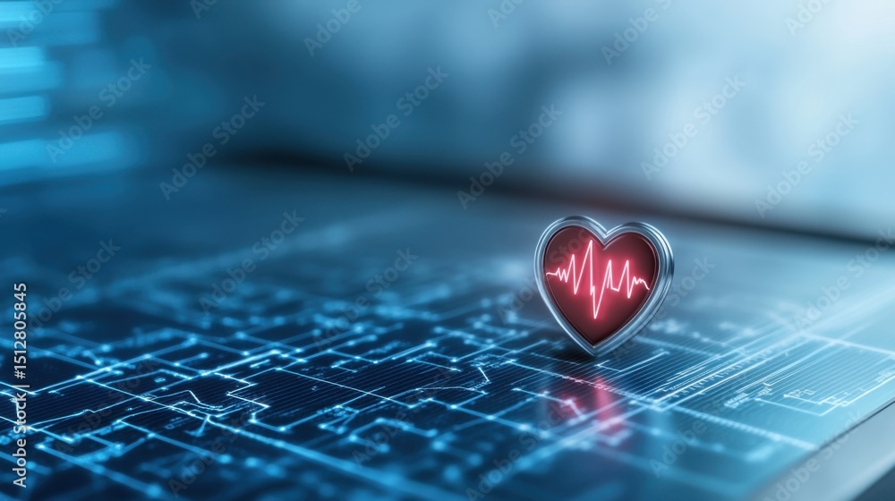 Aufkleber heart symbol with pulse line on digital circuit background concept design