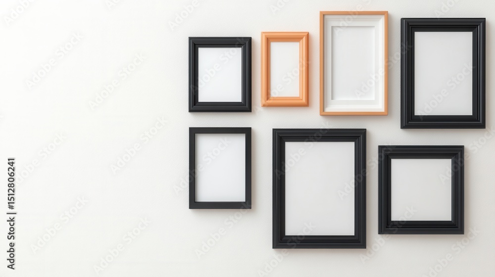 Poster wall arrangement of empty photo frames in various sizes and colors