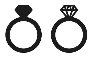 Diamond ring icon, Engagement ring silhouette, Wedding ring symbol, Jewelry ring outline, Diamond solitaire ring icon, Ring vector, Black and white diamond ring, Gemstone ring icon