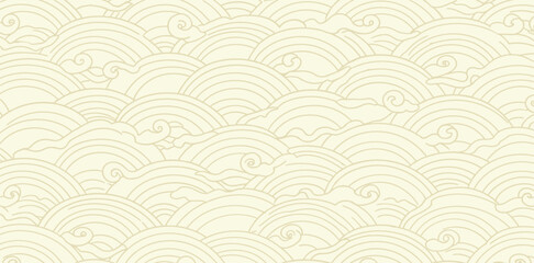 Vector gold white asian pattern, wave line sea, japanese style abstract water illustration. Luxury oriental poster, river banner