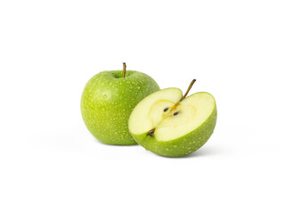 Green juicy apple and a cut in half isolated with water droplets