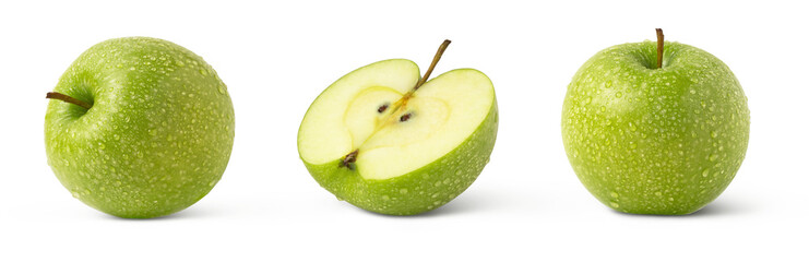 Green Granny Smith apples isolated with water drops. Green apple and a half with droplets.