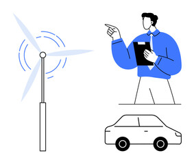Man holding clipboard pointing near wind turbine and car, representing renewable energy, evaluation, and eco-friendly innovation. Ideal for sustainability, energy efficiency, green solutions